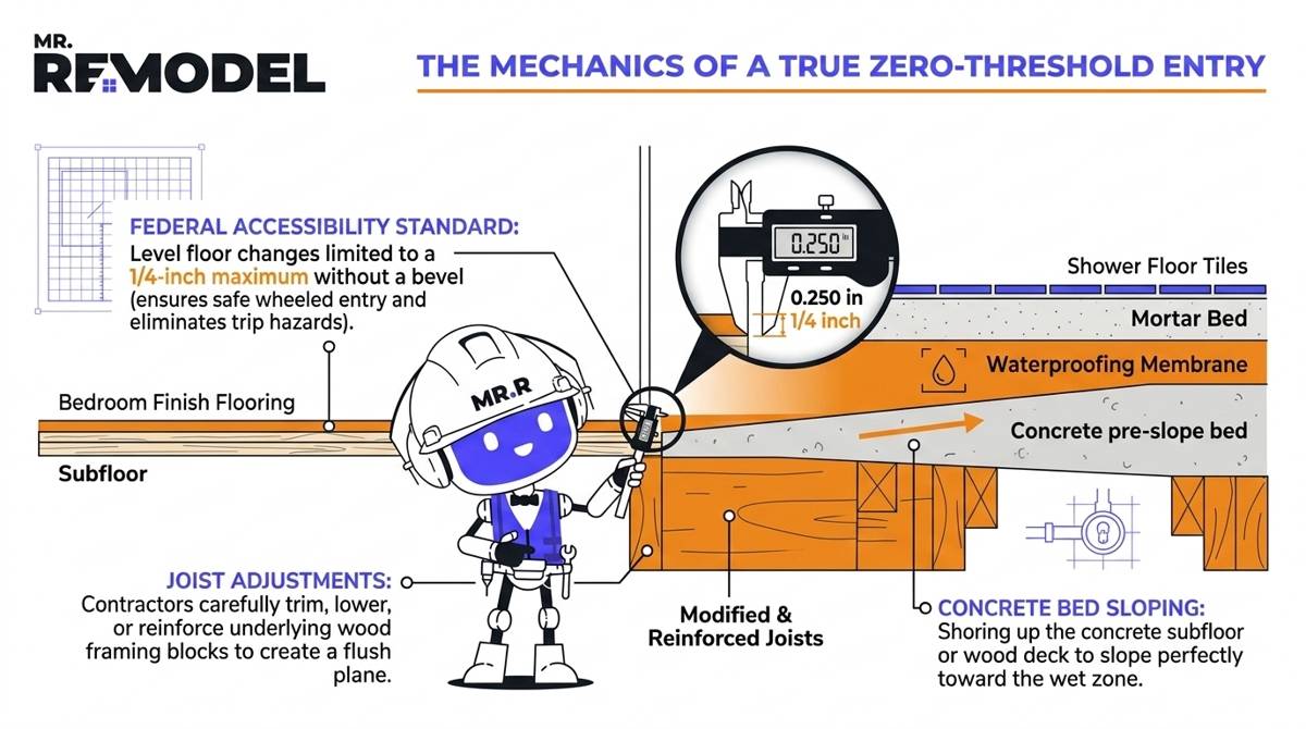 A technical architectural cross-section infographic illustrating the subfloor joist adjustments and strict 1/4-inch leveling tolerances required for a code-compliant curbless shower install.